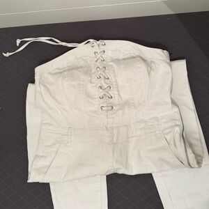 VENUS Elegant White Lace-Up Jean Jumpsuit, Skinny Leg, Women’s 16